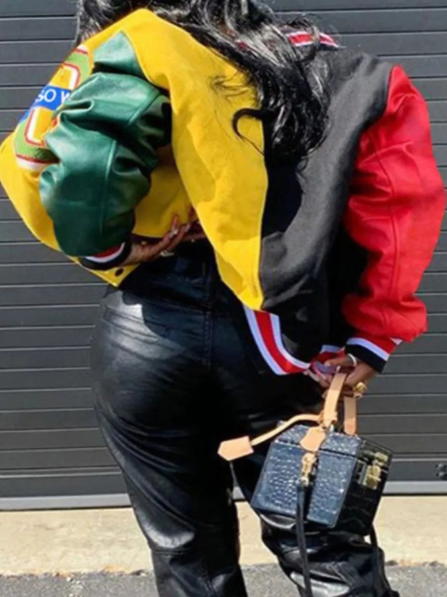 LW Plus Size Letter Decor Patchwork Jacket coat women's Y2K street hip-hop retro baseball uniform couple casual all-match jacket