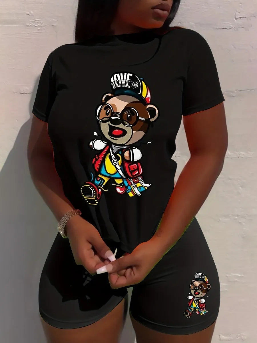 LW Plus Size Two Piece Set Cartoon Letter Print Shorts Set Short Sleeve Crop Corset T-shirt & Ladies High Waist Shorts Pants Set