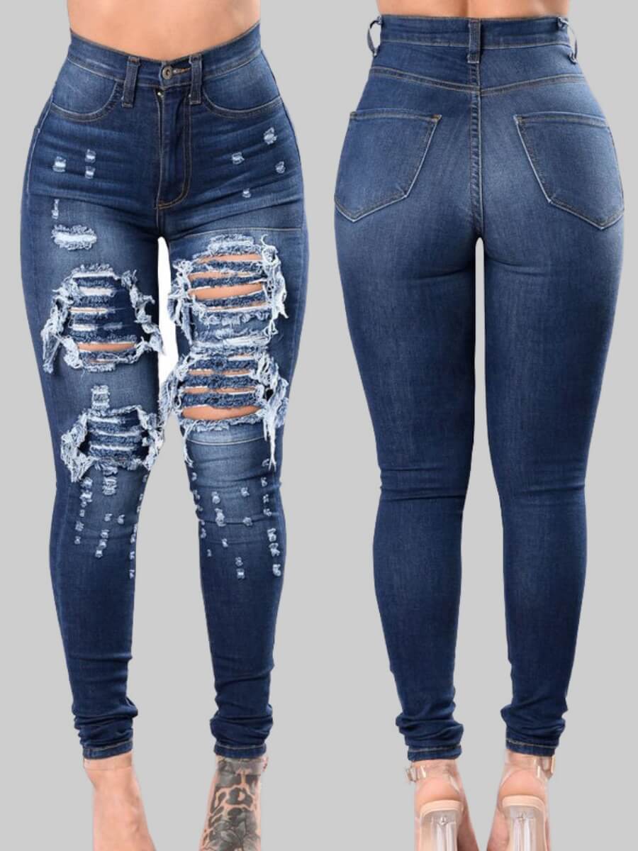 LW High Stretchy High-Waist Raw Edge Ripped Jeans Pencil Pants For Women Skinny Solid Color Fashion Streetwears(3 Colors)