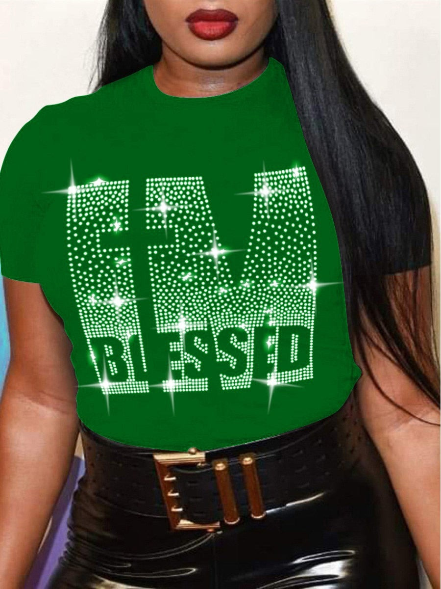 LW Plus Size Summer Women Round Neck Tee Tops Rhinestone Blessed Letter T-shirt Casual Short Sleeve Crop Tops Sexy T-shirt