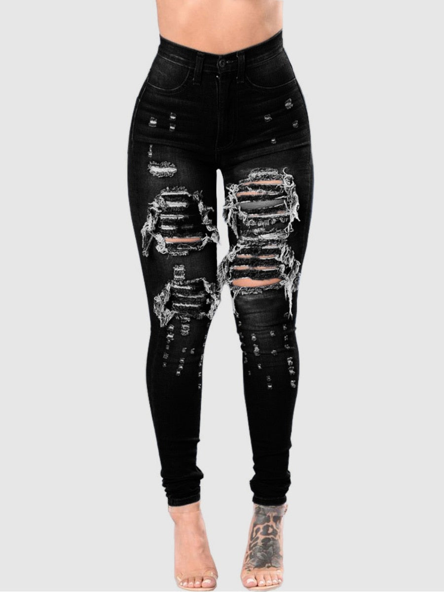 LW High Stretchy High-Waist Raw Edge Ripped Jeans Pencil Pants For Women Skinny Solid Color Fashion Streetwears(3 Colors)