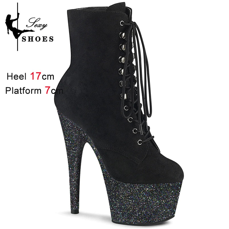 Patchwork Bling Sexy Women's Ankle Boots Thin Heels 17CM Sequined Round Toe Lace-up Short Boots Gothic Style Pole Dancing Shoes