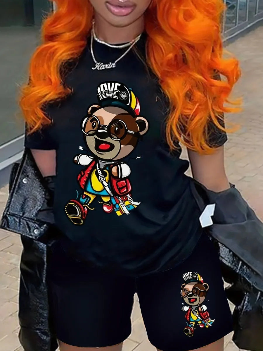 LW Plus Size Two Piece Set Cartoon Letter Print Shorts Set Short Sleeve Crop Corset T-shirt & Ladies High Waist Shorts Pants Set