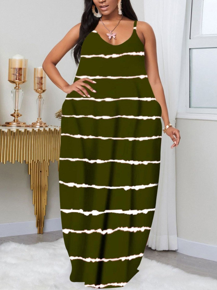 LW Plus Size summer dress Casual V Neck Print Dark Blue Floor Length A Line Dress V Neck 2023 NEW casual women's dress