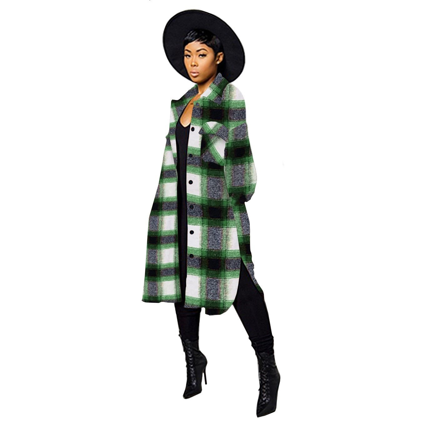 LW Plus Size Plaid Print Side Split Woolen Coat Regular Sleeve Full Print Turndown Collar Casual women's Woolen Coat