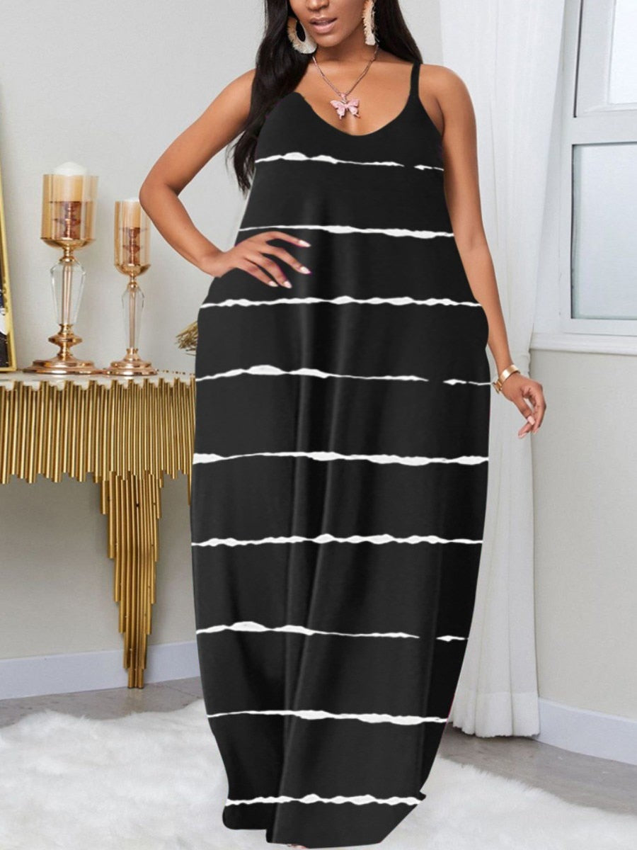 LW Plus Size summer dress Casual V Neck Print Dark Blue Floor Length A Line Dress V Neck 2023 NEW casual women's dress
