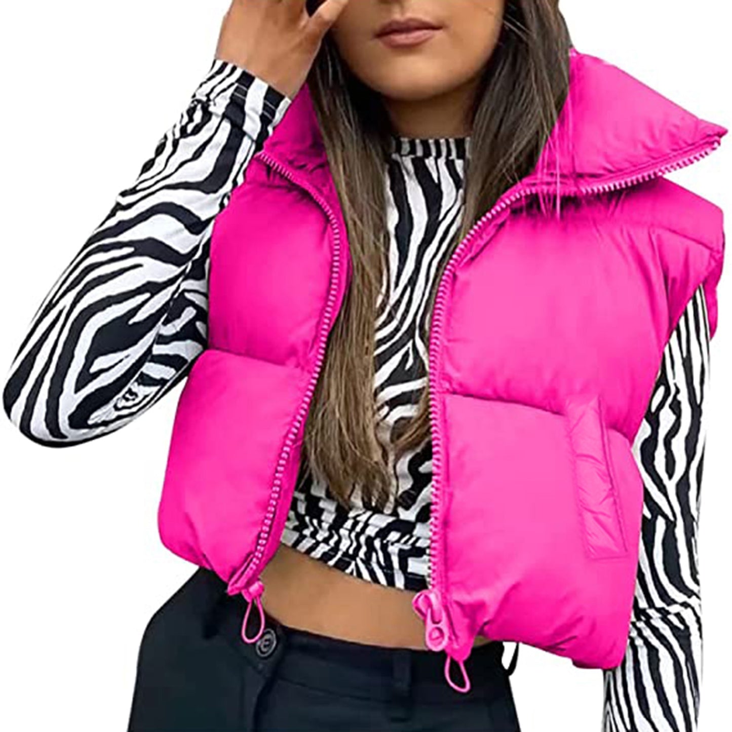 Women Winter Warm Crop Puffer Vest Sleeveless Drawstring Waistcoat Outerwear Padded Gilet Jacket Coat Outdoorwear