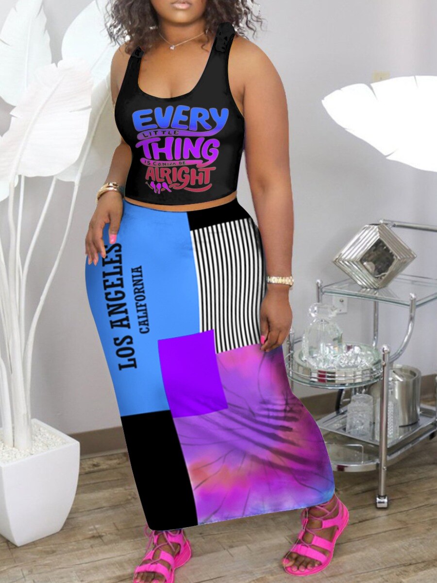 LW Plus Size Two Piece Skirt Set Letter Print Striped Tie Dye Skirt Set 2023 Sexy Outfit Cropped Top + Skirt Elegant Female dres