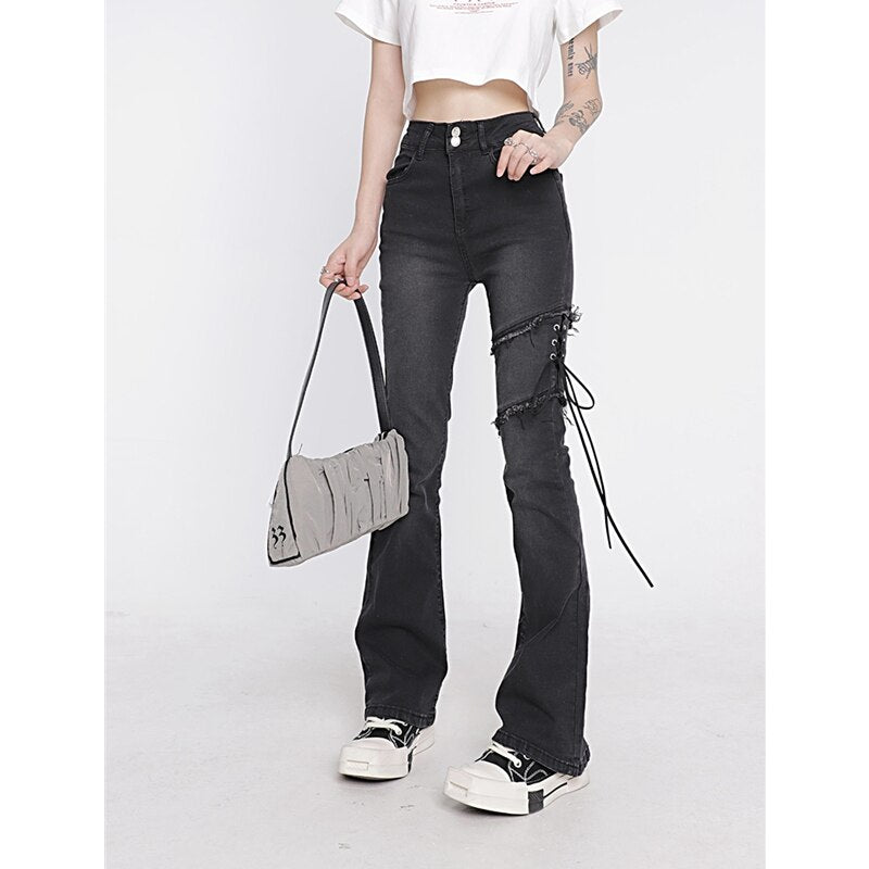 Women's Clothing Flare Jeans Black Lacing High Waist Stretchy Self Cultivation Vintage Casual Baggy Ladies Denim Trouser Summer