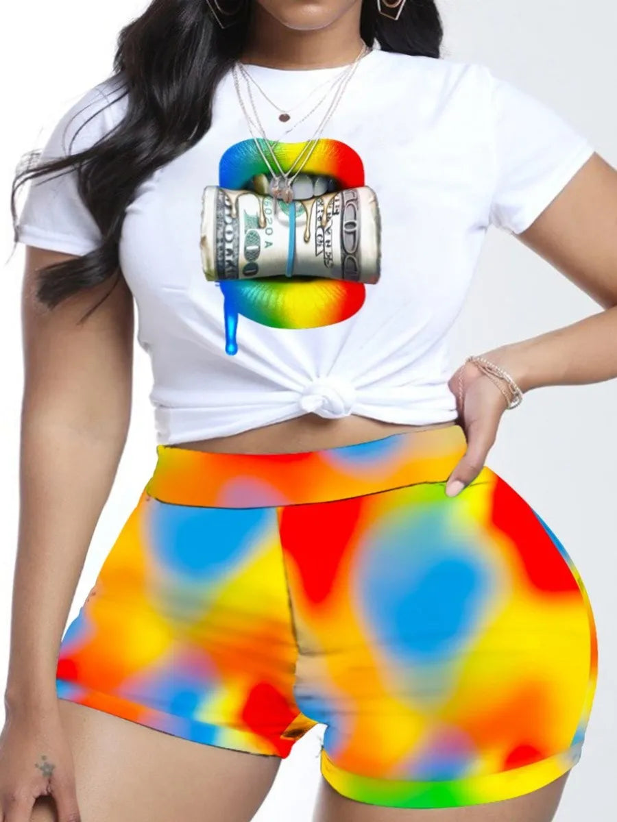 LW Plus Size Shorts Set Lip Money Print Tie-dye Twilled Satin Casual Graffiti O Neck Stretchy Summer Outfits
