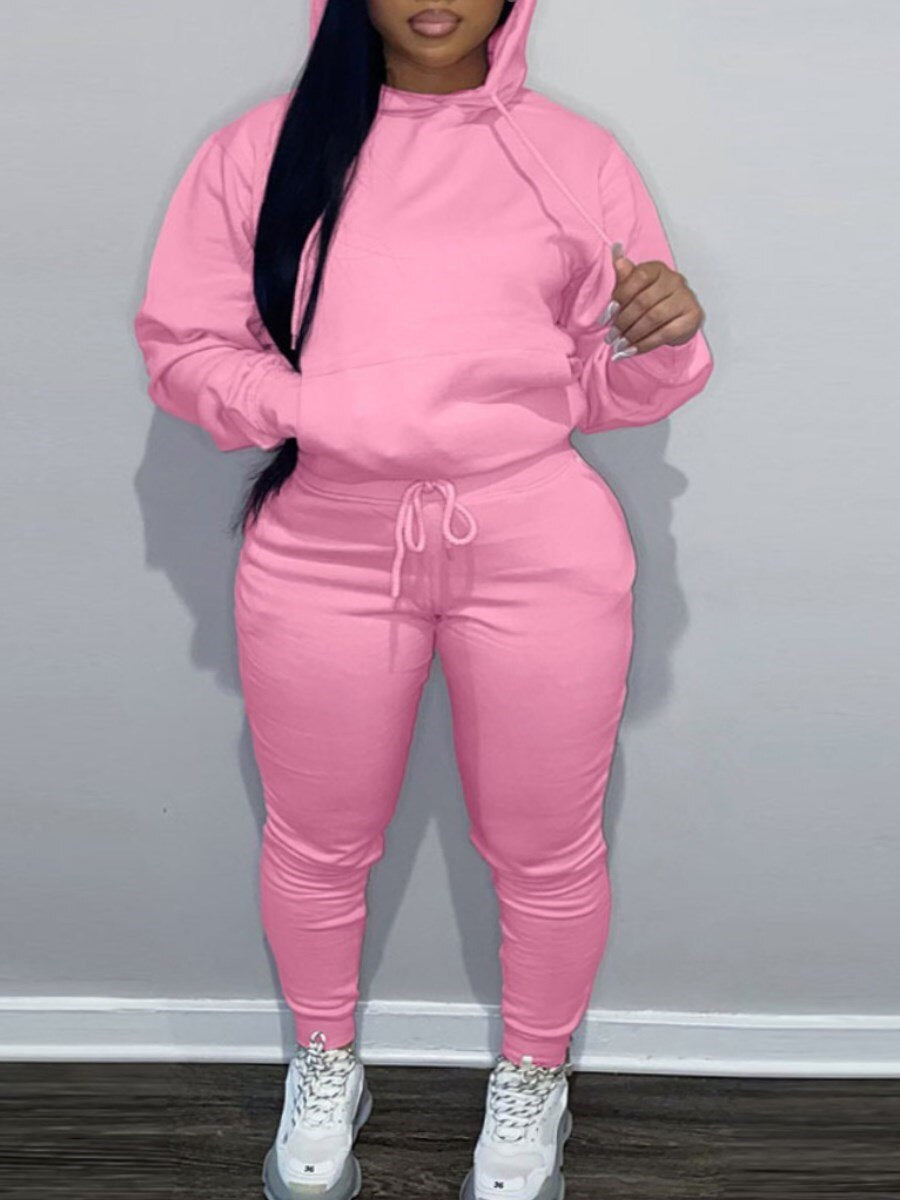 LW BASICS Plus Size Kangaroo Pocket Drawstring Tracksuit Set 2022 Autumn winter warm Two Piece Set Long Sleeved Hoodies Sportsw
