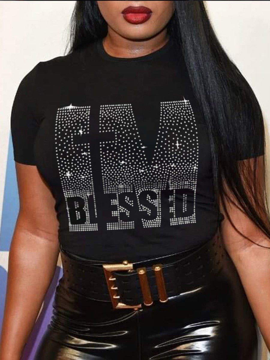 LW Plus Size Summer Women Round Neck Tee Tops Rhinestone Blessed Letter T-shirt Casual Short Sleeve Crop Tops Sexy T-shirt