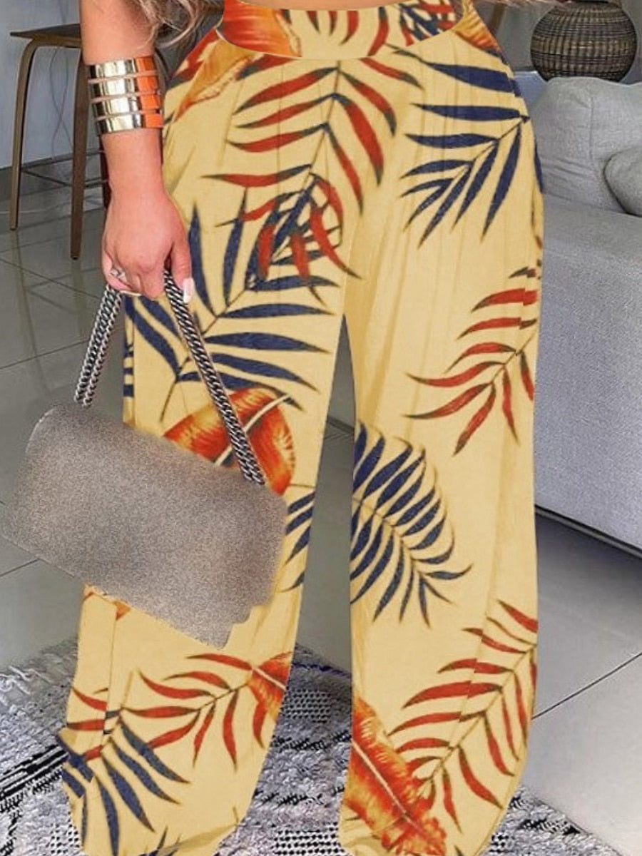 LW Plus Size Crop Top Print Wide Leg Pants Set Women's short sleeve T-shirt +Pants Sets summer Autumn Fashion Casual Two Set