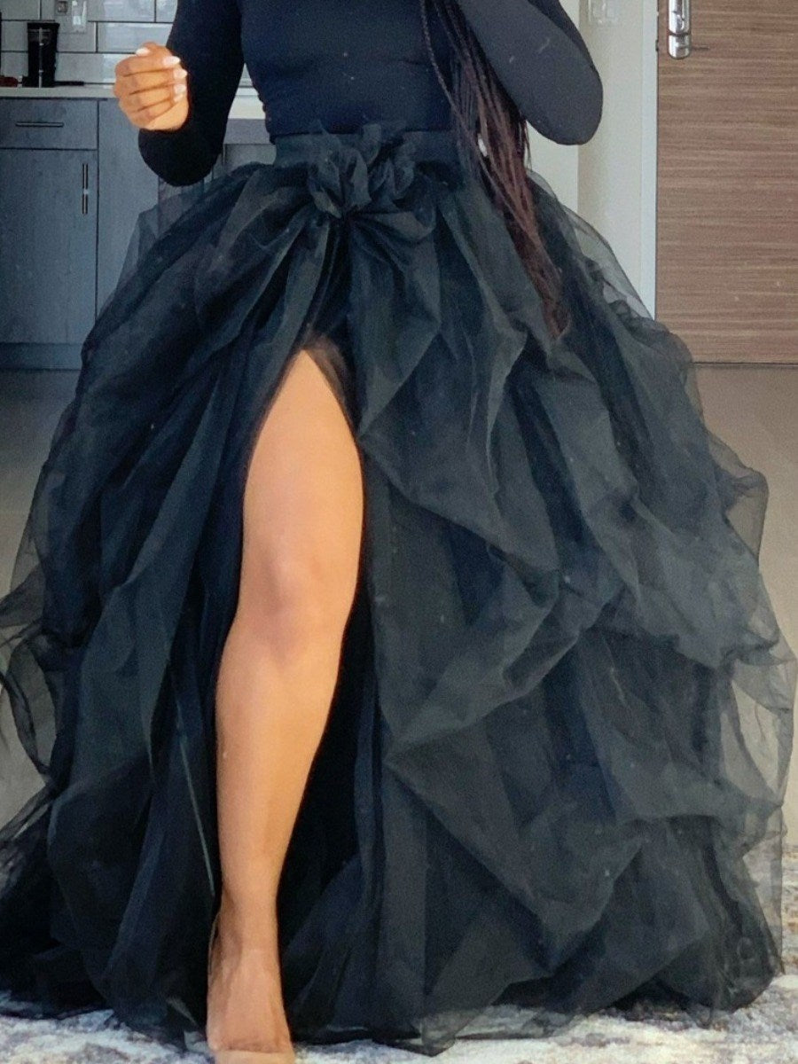 LW Plus Size Split Ball Gown Puffy Skirt 2022 Casual Elastic Mesh Puffy Women's Irregular Ball Gown Lady Oversize Tulle Skirt