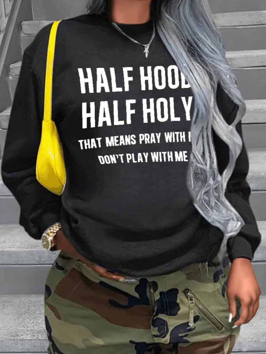 LW Plus Size hoodie Sweatshirt Half Hood Letter Print Sweatshirt Spring Autumn O-Neck Pullover Women Loose Clothes Sweatshirt