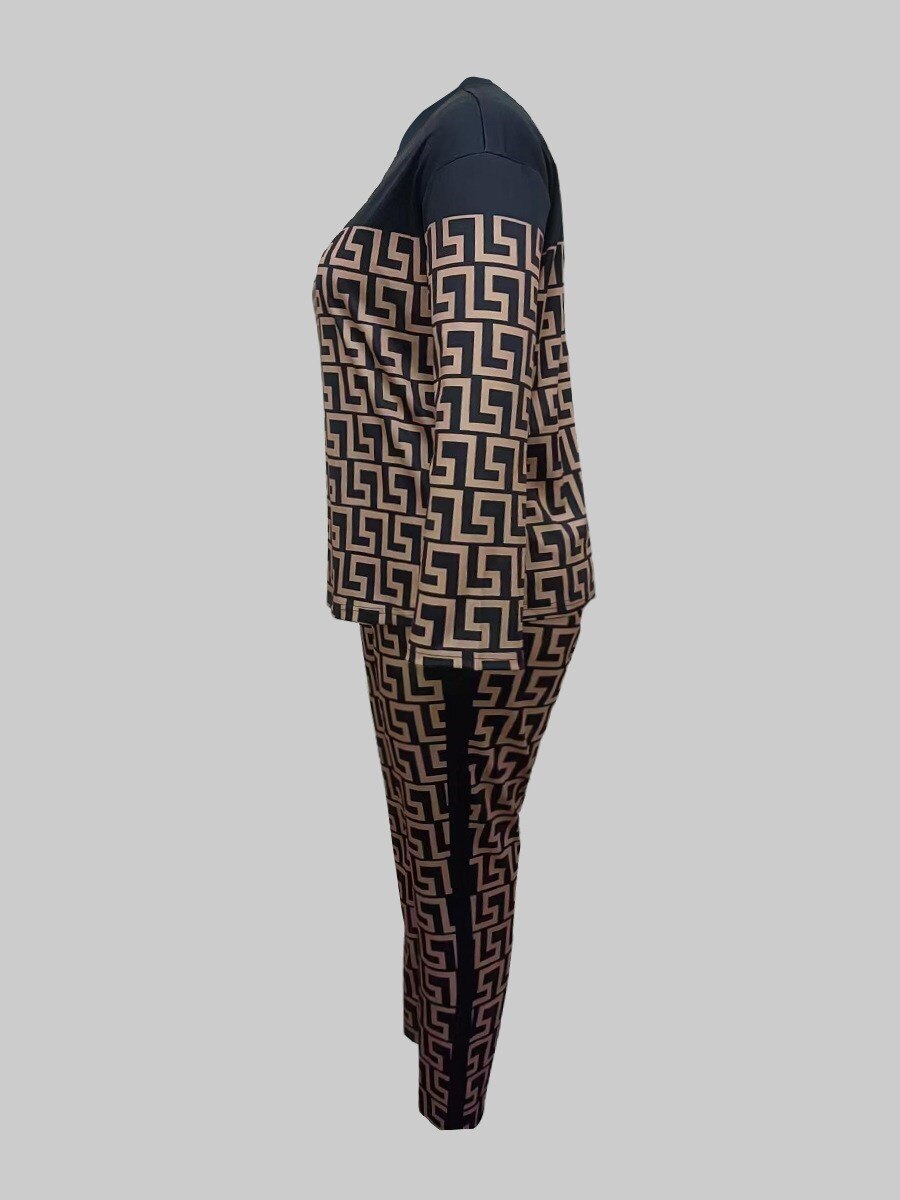 LW Plus Size Geo Print Patchwork Pants Set 2022 Tracksuits Women Elegant Two-Pieces Suit Female Greek Fret Print Coat & Pant set