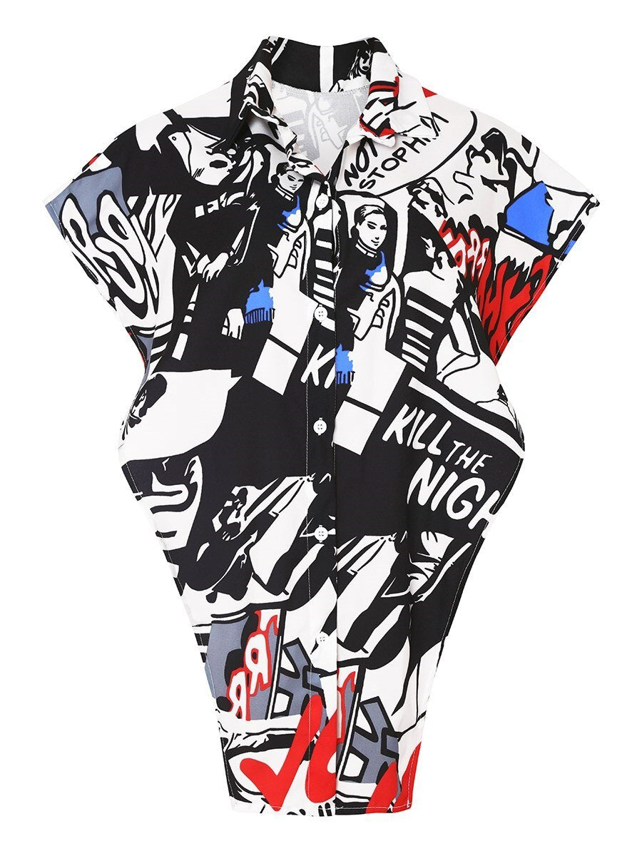 LW Plus Size Letter Print Split Blouse Tank Mixed Print Shirt collar Loose Street Y2K women's clothing top Split Blouse