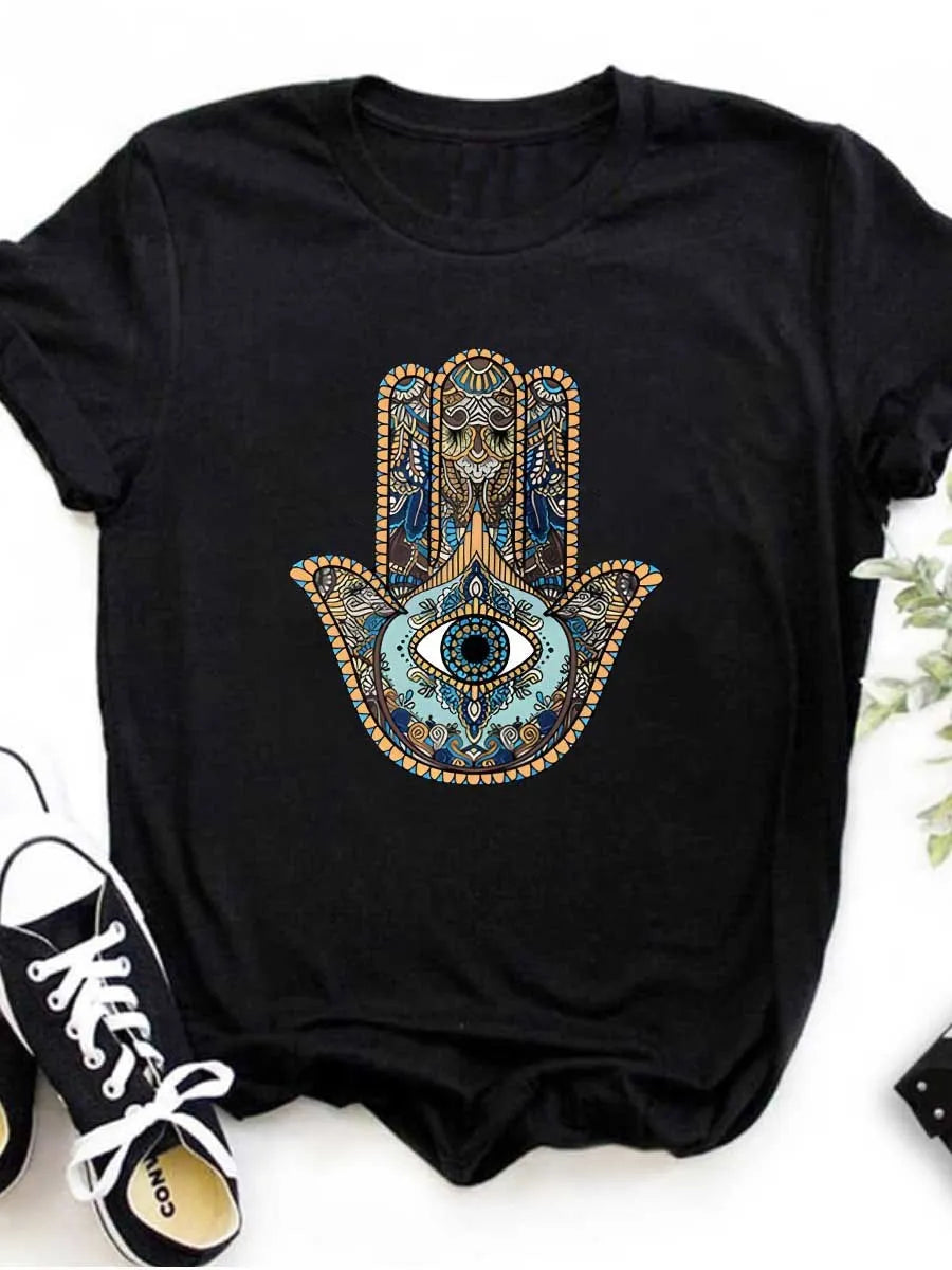 LW Plus Size Hamasa Hand Eye Print T-shirt summer Casual T-shirt Women's Plus Geometric Print Short Sleeve Fashion Graphic Tee