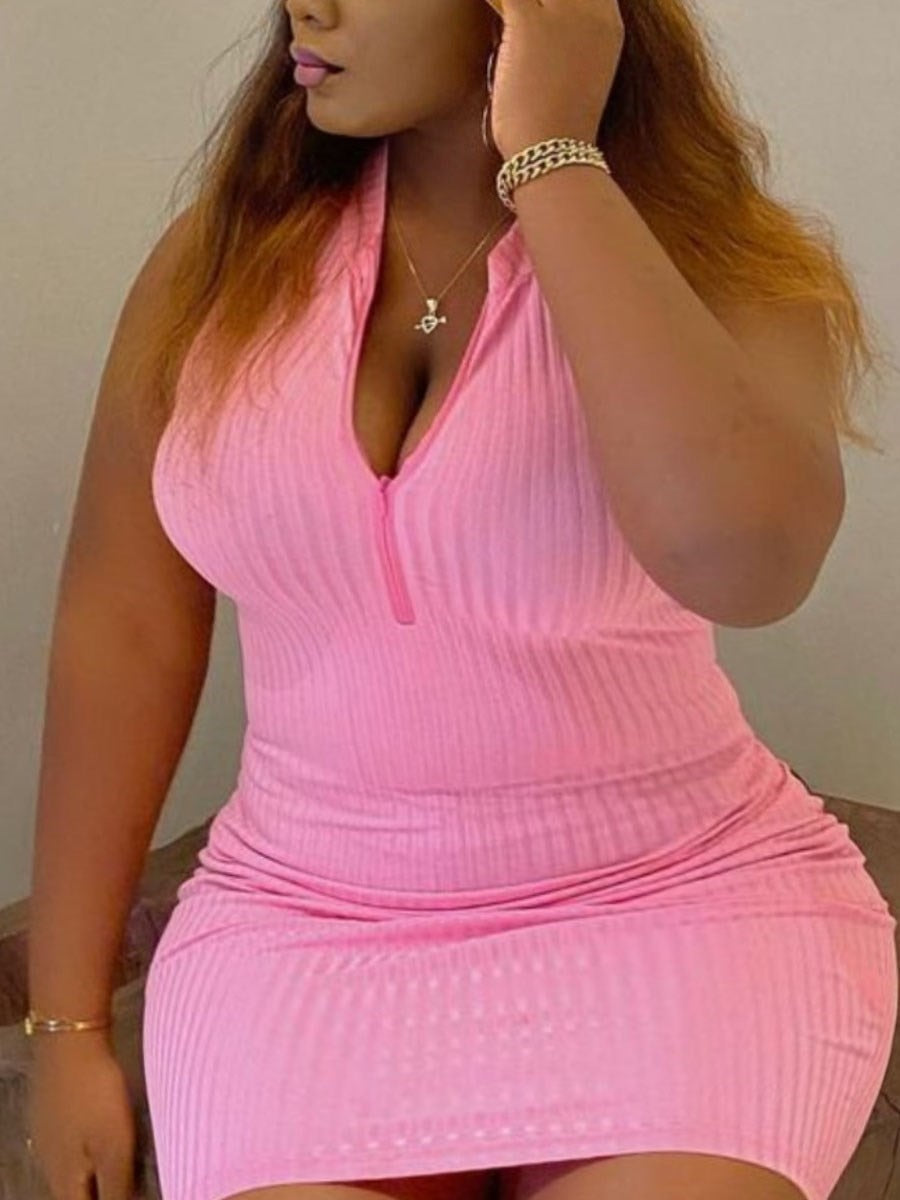 LW BASICS Plus Size Sexy Dress Zipper Design Bodycon Dress Women's Plus Plain Ribbed Zipper Mock Neck Bodycon Tank Dress