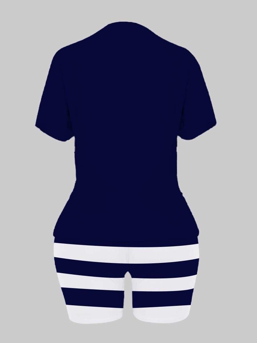 LW Plus Size Two Piece Women Clothes Casual Hope Letter Print O-neck Tees+ Sporty Stretch Striped Shorts Set