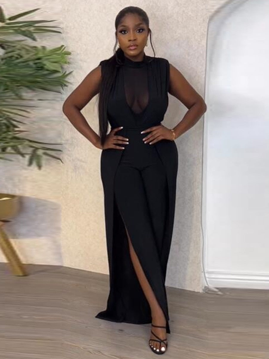 LW Plus Size jumpsuit Women's Jumpsuit See Through High Split Jumpsuit Sleeveless One Piece Overalls Elegant office jumpsuit