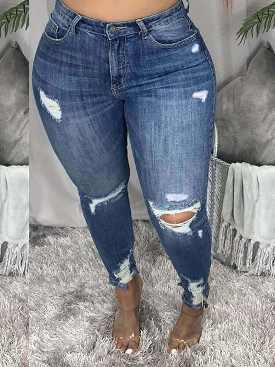 LW Plus Size High-waisted Ripped Jeans Zipper Fly L-5XL Street Solid Color Holes Stretchy Sheath Skiny Women Fashion Pants