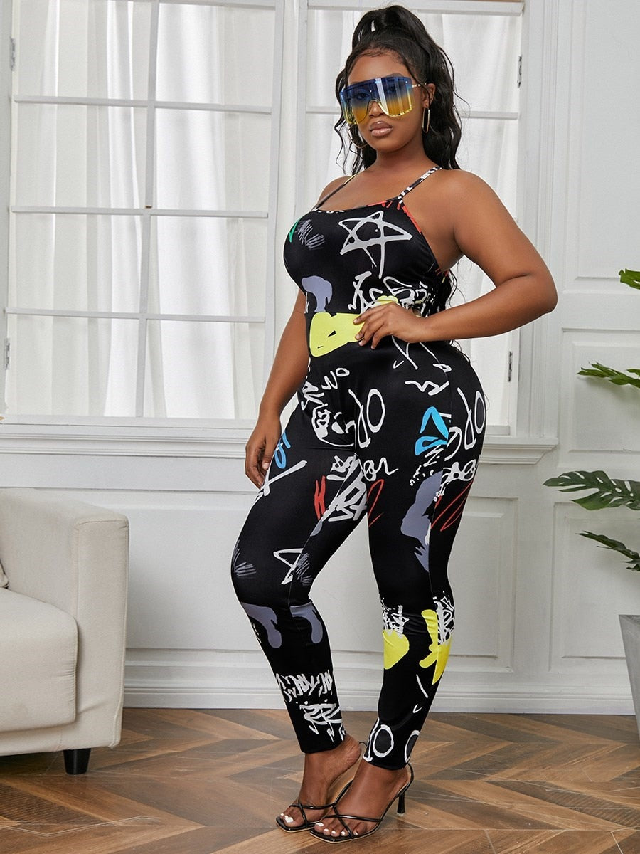 LW Plus Size Street Print Black One-piece Jumpsuit Backless Criss Cross Rompers Womens Jumpsuit for Sporty Workout Fitness
