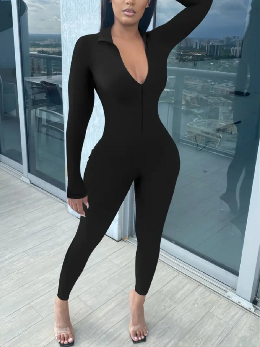 LW Plus Size Jumpsuit Zip Up Long Sleeve Skinny Jumpsuit Women's Plus High Stretch Casual Skinny Bodycon Jumpsuit For Women‘s