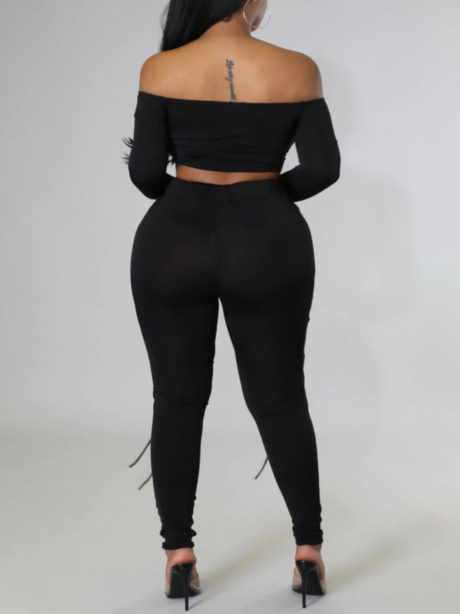 LW Plus Size Off The Shoulder Drawstring Cut Out Pants Set Two-pices Skinny Bateau Neck Long Sleeve sexy women's clothing