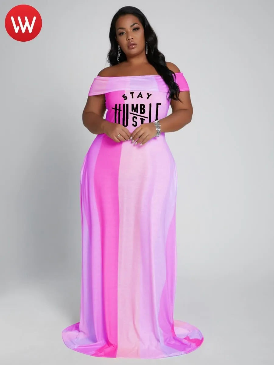 LW Plus Size Dress Boho Fold-over Letter Print Striped Orange Trailing L-5XL Off The Shoulder Vacation Summer Vestidos