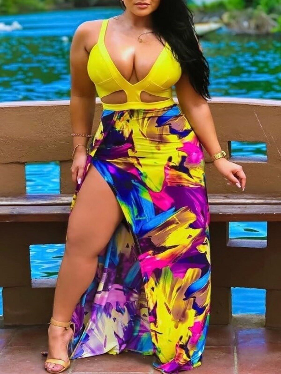 LW Plus Size dress Trendy Deep V Neck Print Maxi Dress Spaghetti Strap Sleeveless Boho beach sexy Skinny skirt women's dress