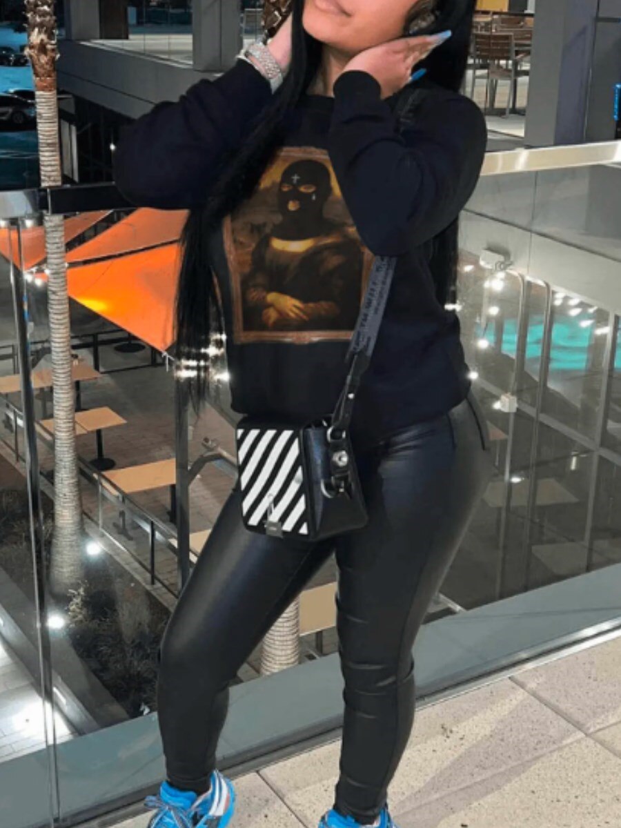 LW Plus Size Masked Face Figure Print Sweatshirt Autum winter NEW hooded sweater women's spring long-sleeved lazy style loose to