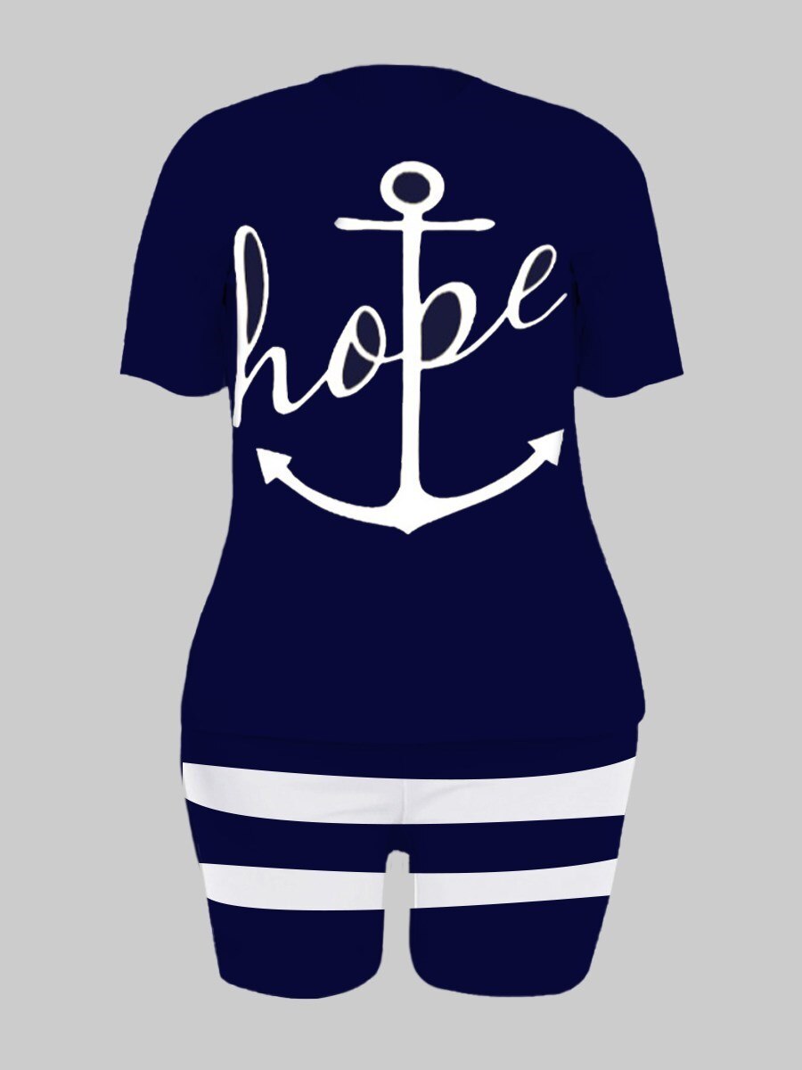 LW Plus Size Two Piece Women Clothes Casual Hope Letter Print O-neck Tees+ Sporty Stretch Striped Shorts Set
