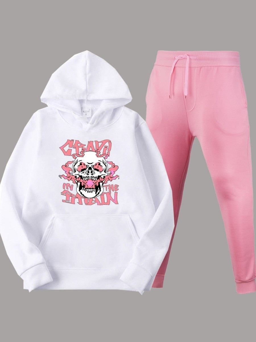 LW Sweatshirt Sets Skull Head Letter Print Tracksuit Pollover Hoodie/Tee&Drawstring Pants/Skinny Shorts 2PC Matching Suits