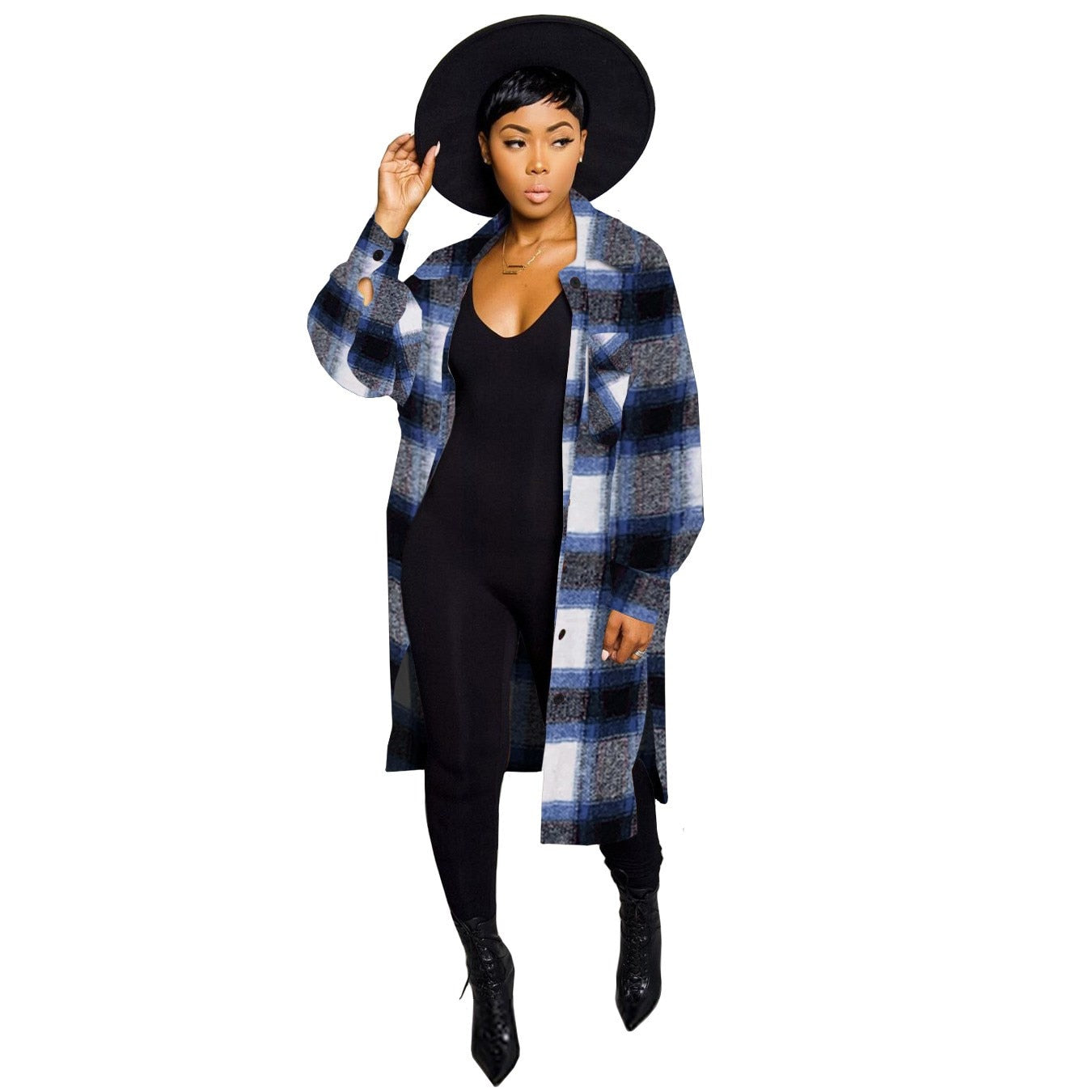 LW Plus Size Plaid Print Side Split Woolen Coat Regular Sleeve Full Print Turndown Collar Casual women's Woolen Coat