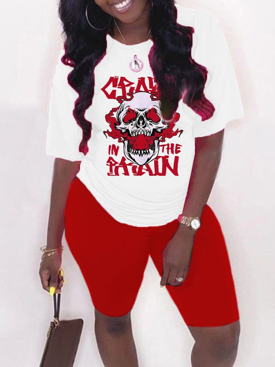 LW Sweatshirt Sets Skull Head Letter Print Tracksuit Pollover Hoodie/Tee&Drawstring Pants/Skinny Shorts 2PC Matching Suits