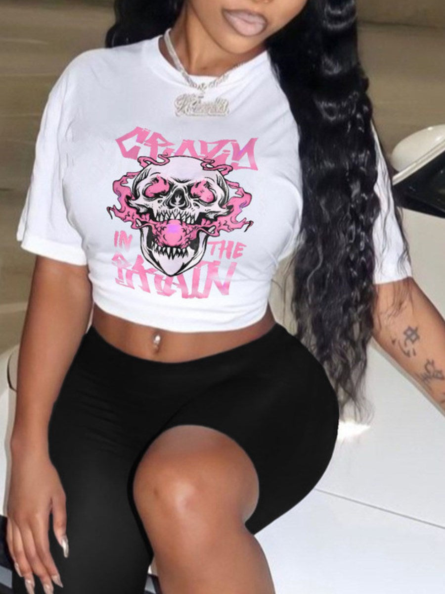 LW Sweatshirt Sets Skull Head Letter Print Tracksuit Pollover Hoodie/Tee&Drawstring Pants/Skinny Shorts 2PC Matching Suits