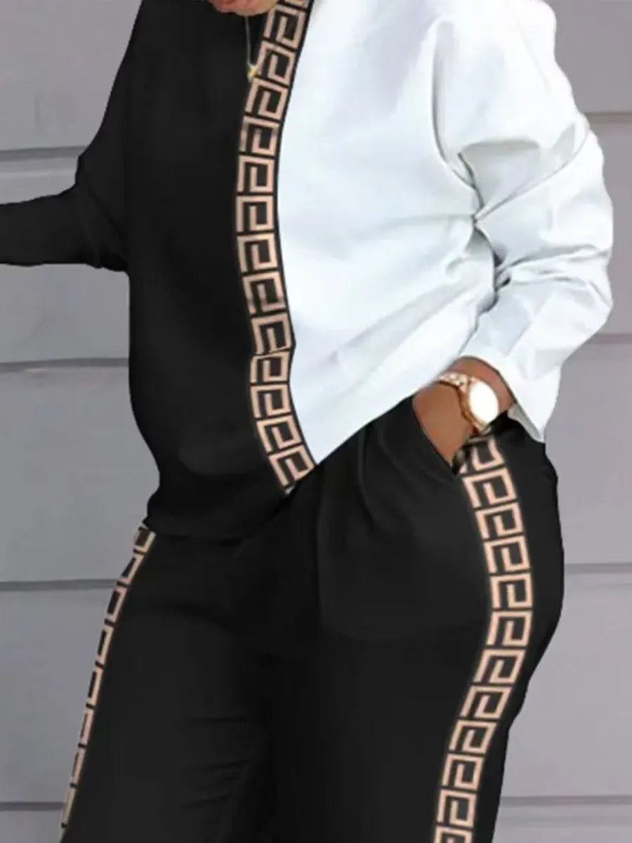 LW Plus Size Geometric Print Patchwork Pants Set Women's tracksuit Long Sleeve Top & Pants Set 2 Piece Sets Womens Outfits