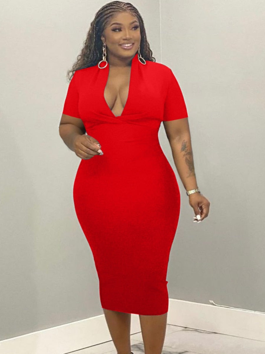 LW Plus Size Dresses V Neck Bodycon Dress women's elegant sexy office midi dress summer autumn short sleeve Bodycon Wrap Dress