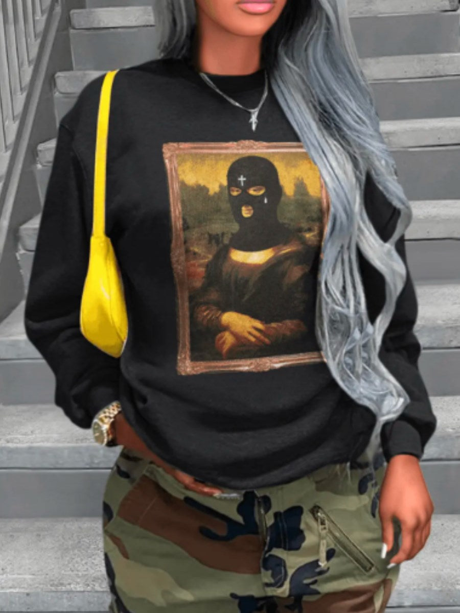 LW Plus Size Masked Face Figure Print Sweatshirt Autum winter NEW hooded sweater women's spring long-sleeved lazy style loose to