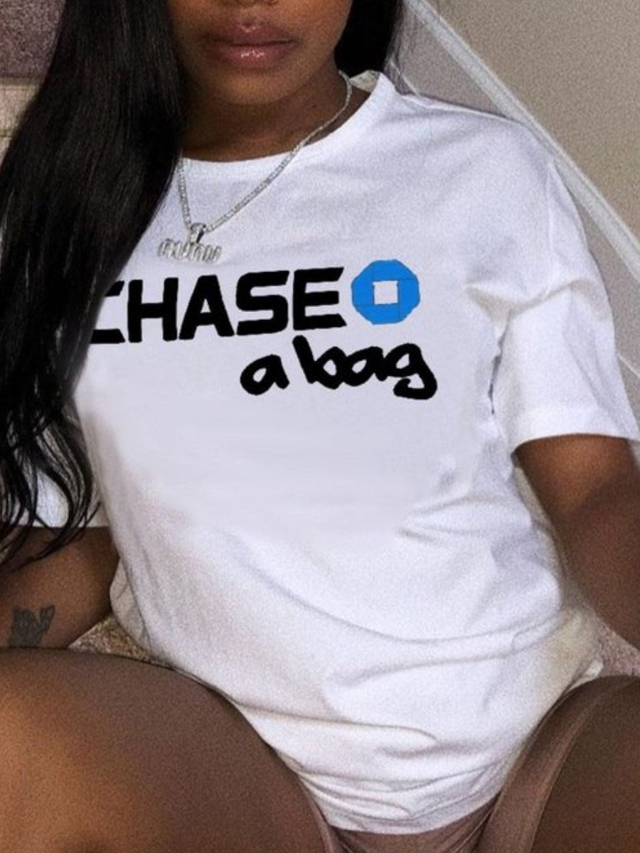 LW Plus Size Women's T-shirts Chase A Bag Letter Print T-shirt Tops O-neck Short Sleeves Loose Summer Tshirt White Tees