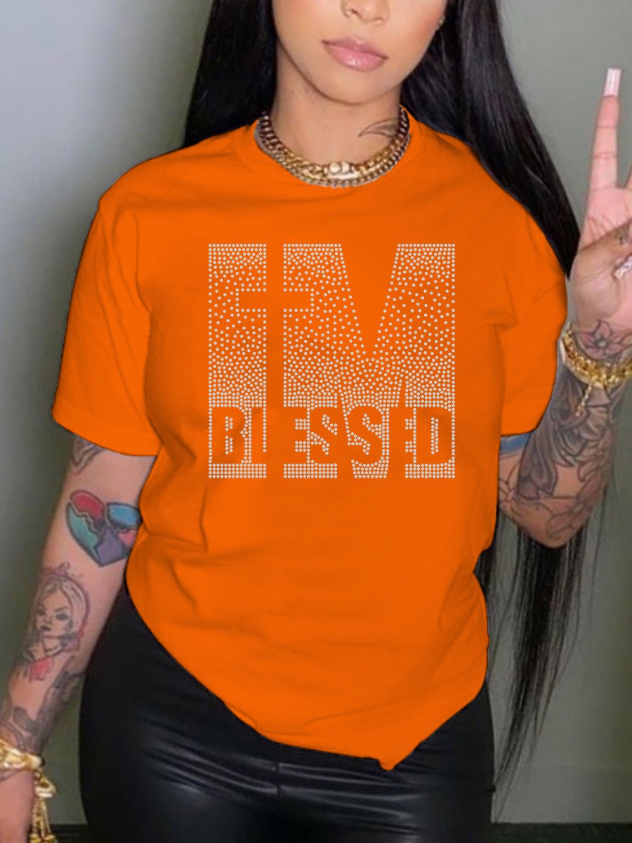 LW Plus Size Summer Women Round Neck Tee Tops Rhinestone Blessed Letter T-shirt Casual Short Sleeve Crop Tops Sexy T-shirt