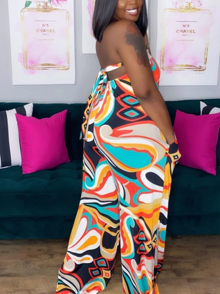 LW Plus Size Off The Shoulder Mixed Print Jumpsuit Women's New Fashion Jumpsuit sexy lady jumpsuits Loose Leg jumpsuits Pants