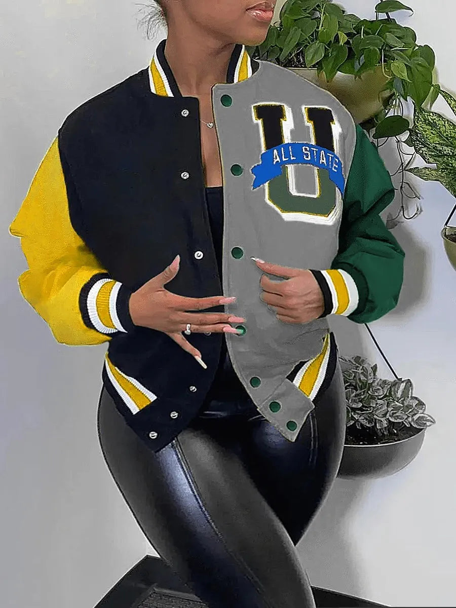 LW Plus Size Letter Decor Patchwork Jacket coat women's Y2K street hip-hop retro baseball uniform couple casual all-match jacket