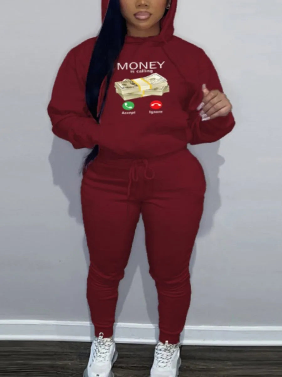 LW Plus Size Two Piece Sets Money Letter Print Kangaroo Pocket Tracksuit Set Women's Tracksuit Casual Hooded Sport Suits