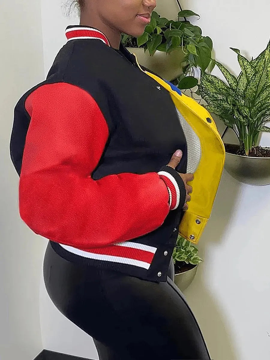 LW Plus Size Letter Decor Patchwork Jacket coat women's Y2K street hip-hop retro baseball uniform couple casual all-match jacket