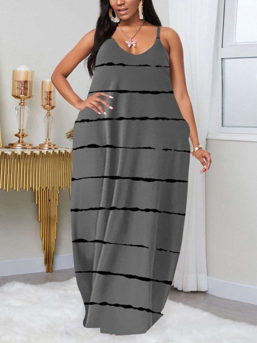 LW Plus Size summer dress Casual V Neck Print Dark Blue Floor Length A Line Dress V Neck 2023 NEW casual women's dress