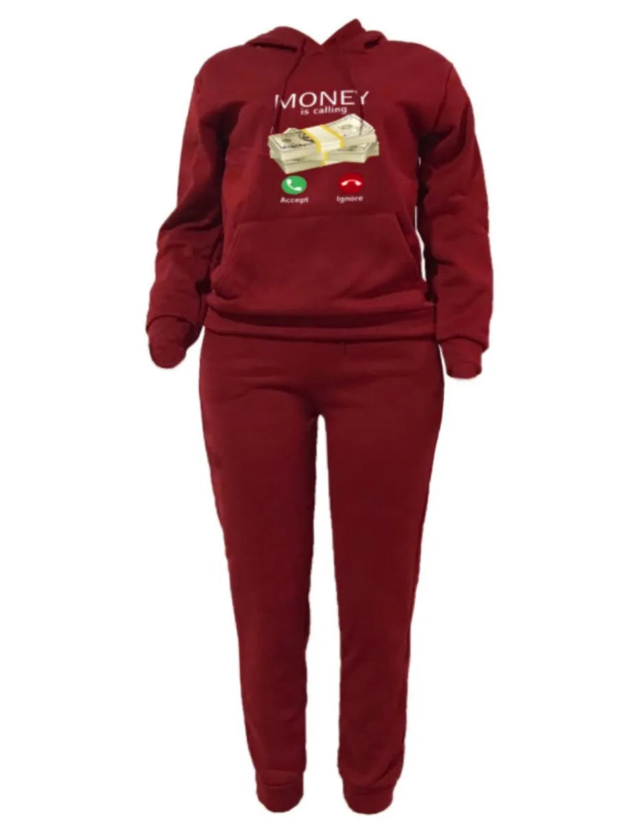 LW Plus Size Two Piece Sets Money Letter Print Kangaroo Pocket Tracksuit Set Women's Tracksuit Casual Hooded Sport Suits