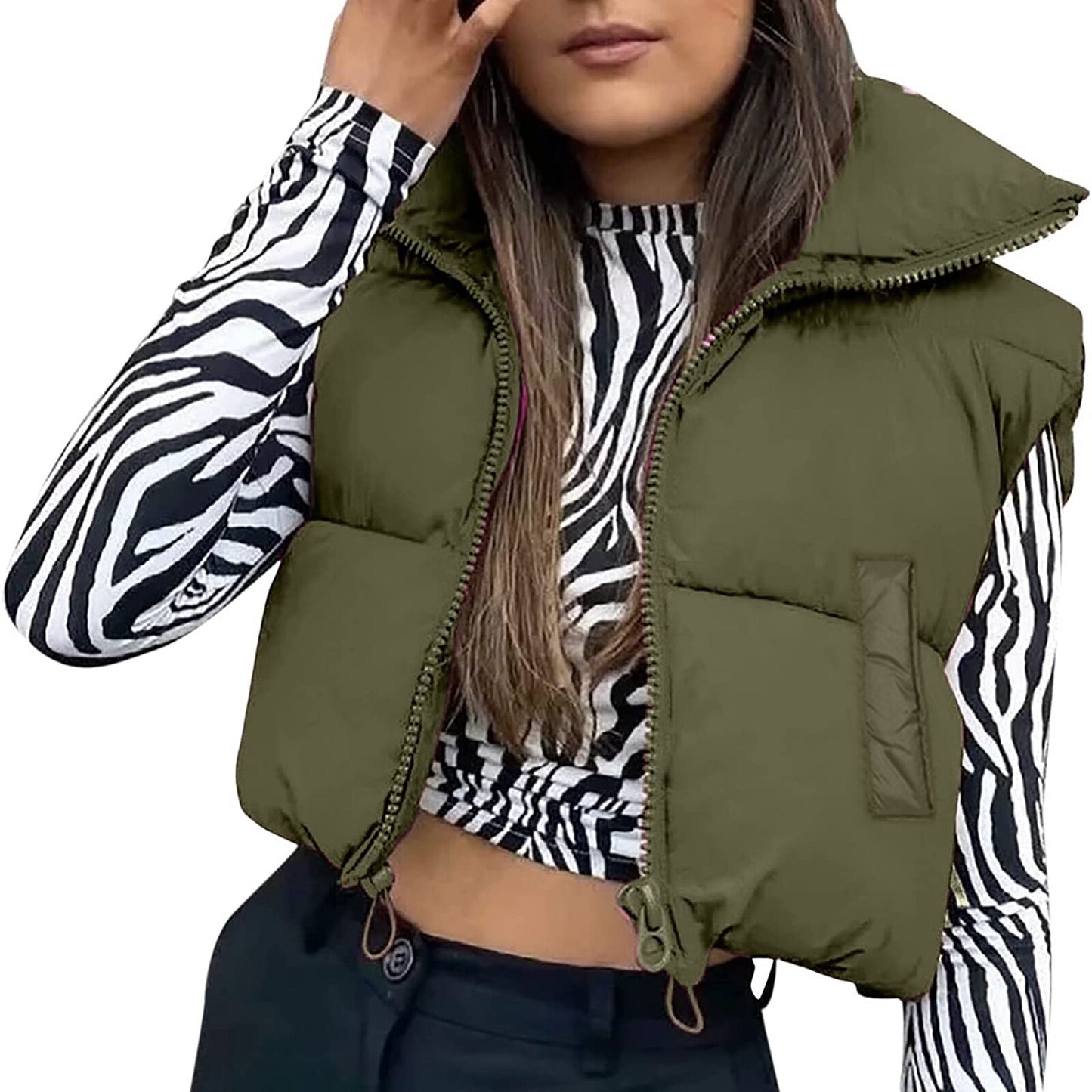 Women Winter Warm Crop Puffer Vest Sleeveless Drawstring Waistcoat Outerwear Padded Gilet Jacket Coat Outdoorwear