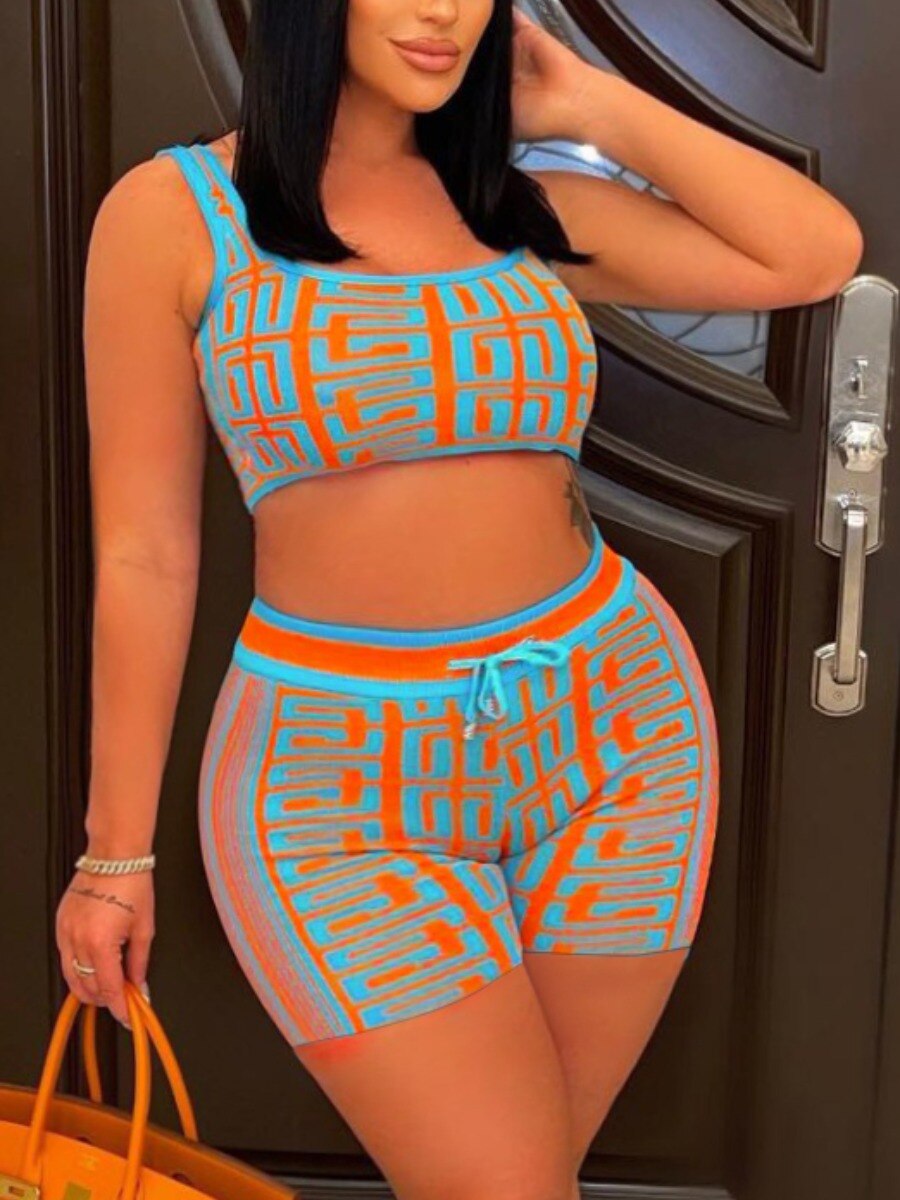 LW Plus Size Crop Top Drawstring Shorts Set Fashion Casual Summer Women's Suit Two-piece tank Top +Pants Set Slim Two-piece Suit